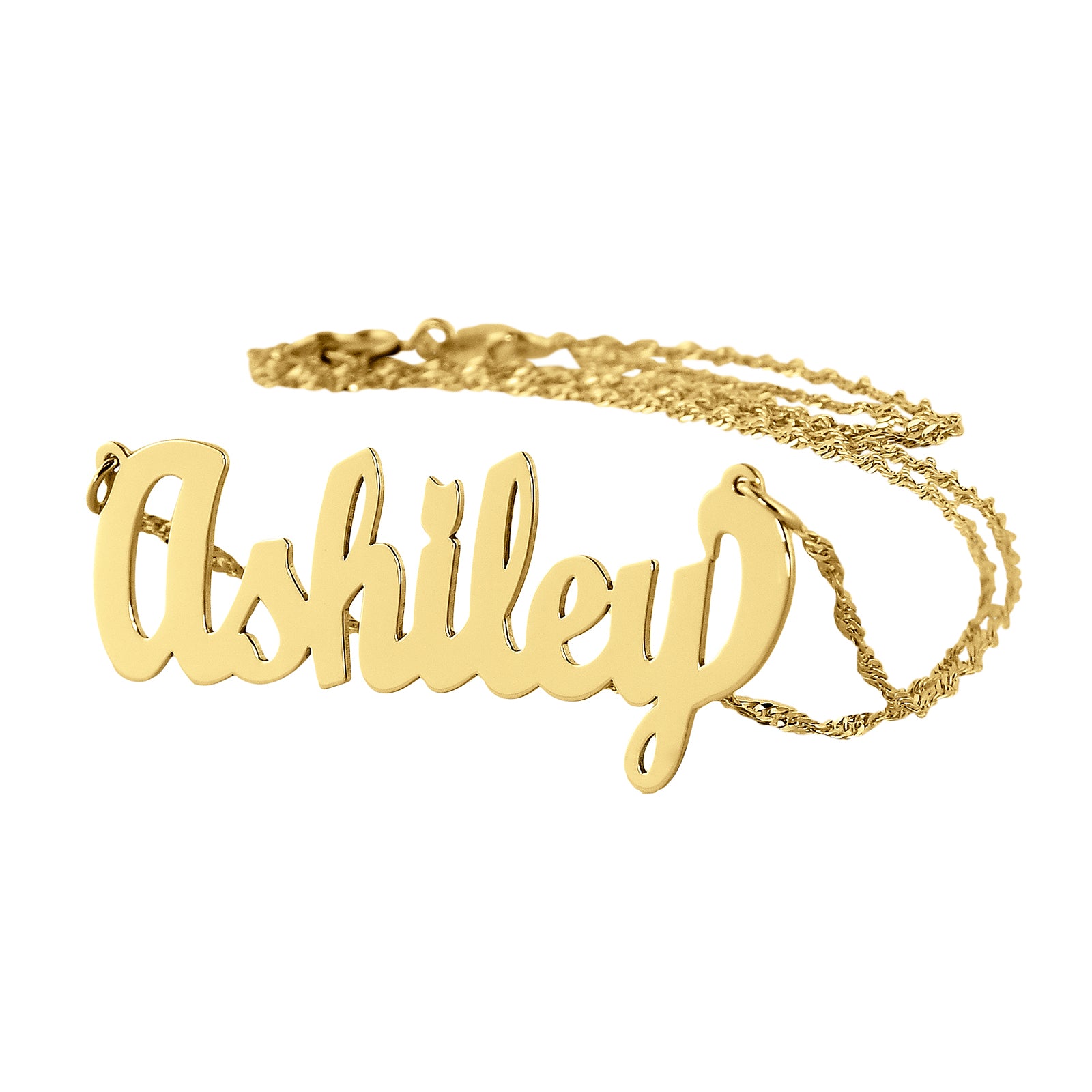 Custom 14k yellow gold cursive nameplate necklace spelling Ashley on a Singapore chain