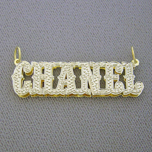 14K solid yellow gold 3D double plate custom name pendant with handcrafted diamond accents.