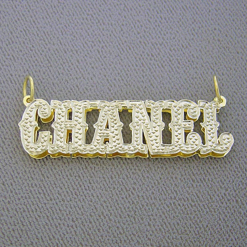 14K solid yellow gold 3D double plate custom name pendant with handcrafted diamond accents.