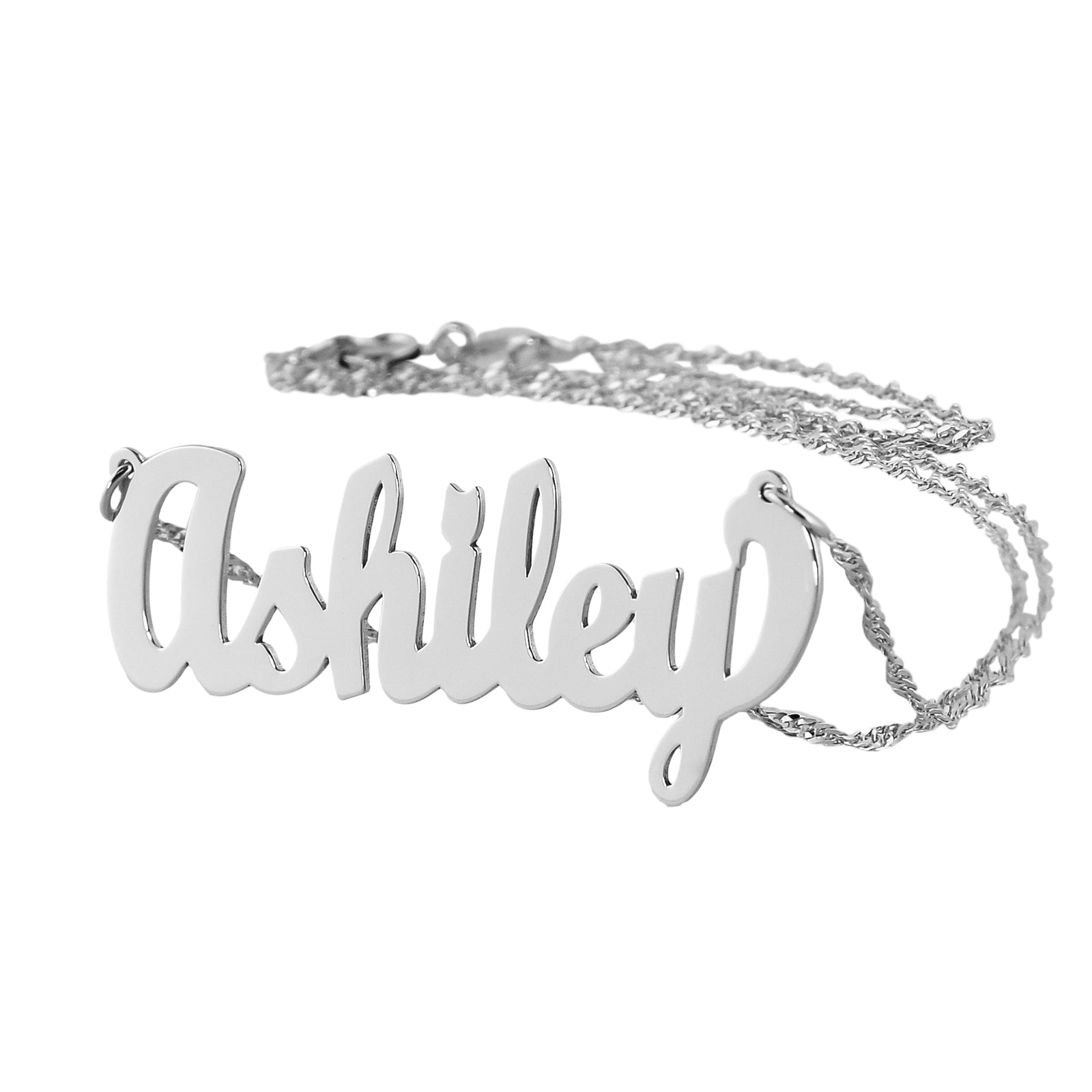 Custom 14k white gold cursive nameplate necklace spelling Ashley