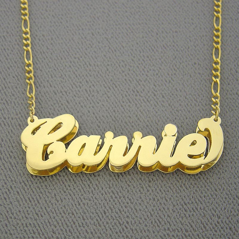Detailed close-up of a handcrafted 14K yellow gold 3D double-layer cursive name pendant showing dual-plate dimension.