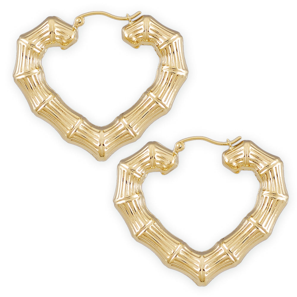 Real 10k or 14k Gold Heart Doorknocker Hollow Skinny Bamboo Earrings 1.5 Inches Wide