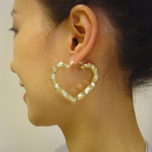 Pair of 10k 14k yellow gold 2-inch heart bamboo door knocker earrings