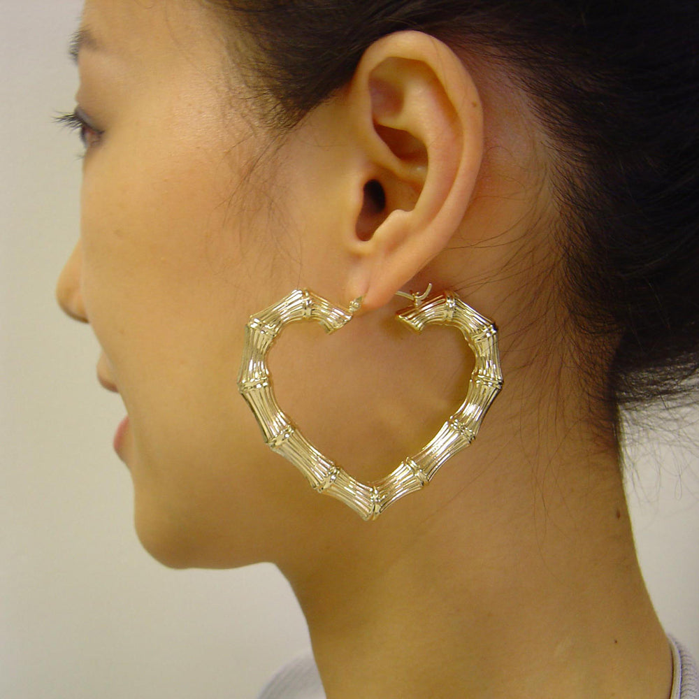 10k or 14k Yellow Real Gold Heart Bamboo Earrings Hoops Doorknocker Fine Jewelry 2.3 Inches Wide