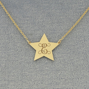 Solid Gold Laser Engraved Fancy Monogram Initial Star Disc Charm Necklace GC25C