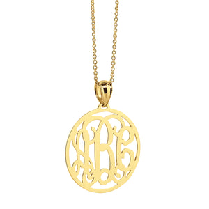 Solid white gold personalized circle monogram cut-out pendant close-up