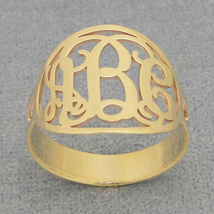 Custom laser-cut 3 initial gold monogram ring detail