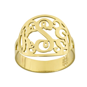 Personalized 3 initial monogram ellipse ring in solid 10k yellow gold