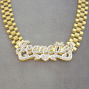 Hand-engraved 10K yellow gold 3D iced out custom nameplate reading Jeanette