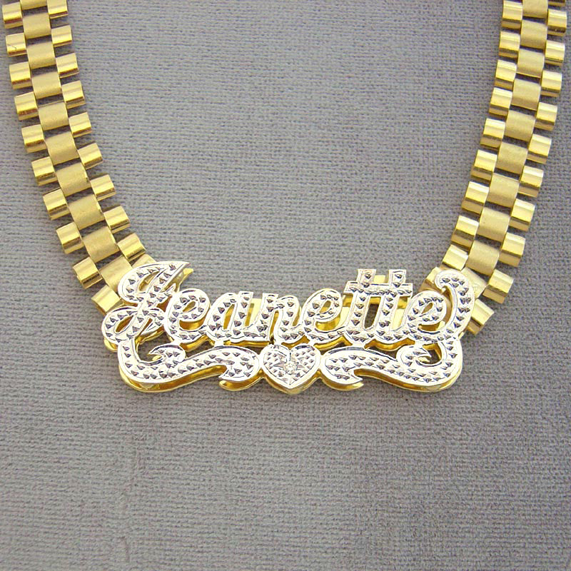 Personalized 10K Solid Gold Iced Out Name Necklace Chain 10 mm Watch-Band Style Hip Hop Jewelry.