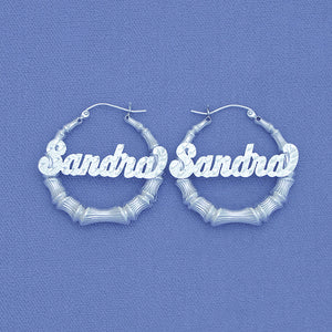 'Personalized Sterling Silver Round Name Bamboo Earrings 1 3-8  SB31'