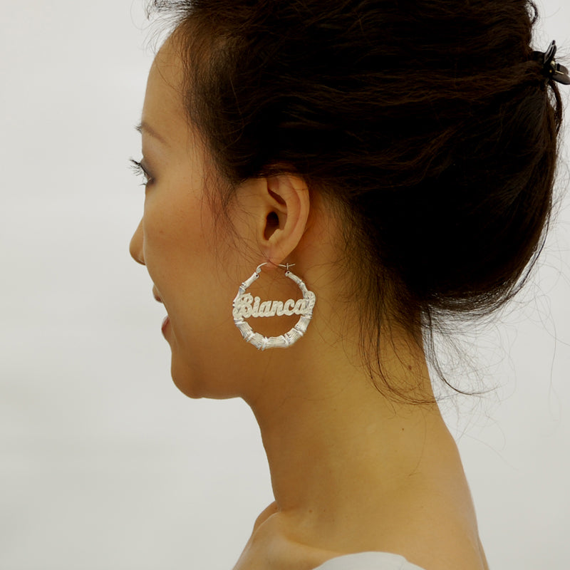 &#39;925 Sterling Silver Round Name Bamboo Earrings 1 11-16  SB32&#39;&#39;&#39;
