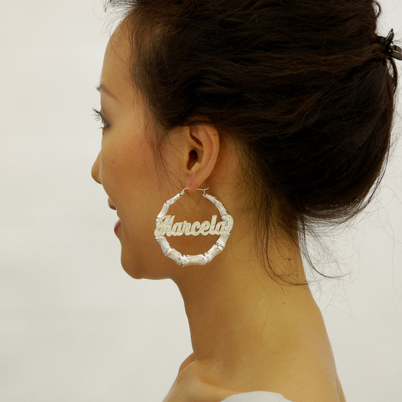 Personalized Sterling Silver Name Bamboo Earrings Round Hoops 2 1-8 inch
