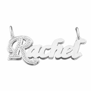 Personalized sterling silver 3D double plate script nameplate pendant spelling Rachel with diamond accent