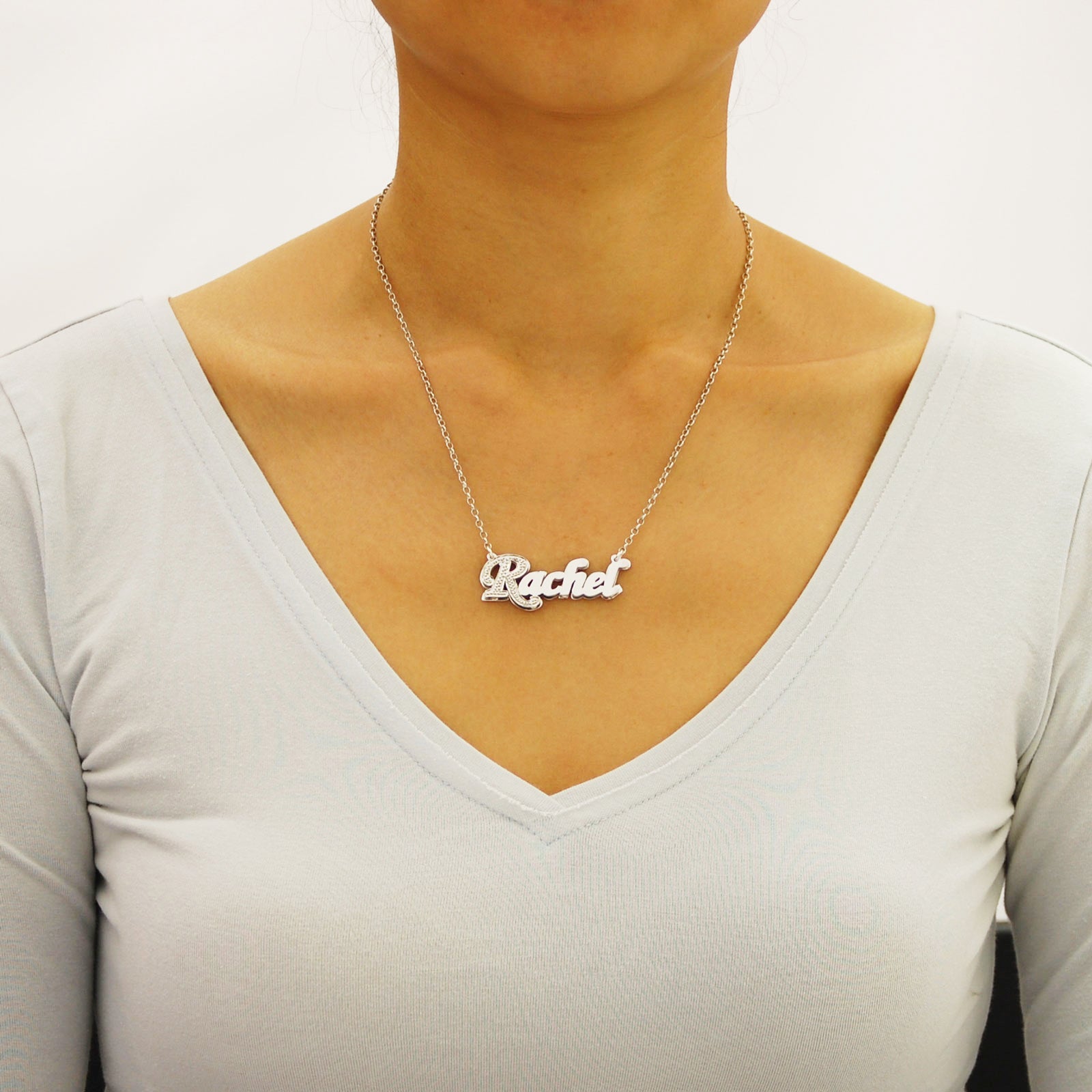 Small Size Silver Personalized Double Plate Script 3D Name Pendant Charm Necklace