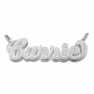 Personalized sterling silver 3D cursive name pendant featuring diamond accents and rhodium plating.