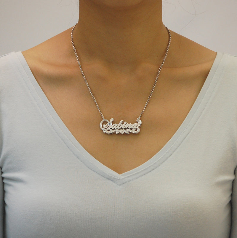 Silver Personalized Double Plate 3D Fancy Cursive Custom Name Pendant Charm Necklace