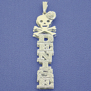 Sterling silver 3D double plate vertical personalized name pendant with skull, crossbones, and rose design on a blue background.