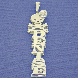 Custom 3D vertical sterling silver name pendant reading "DENISE" featuring a skull, crossbones, and rose charm design with diamond-cut accents.