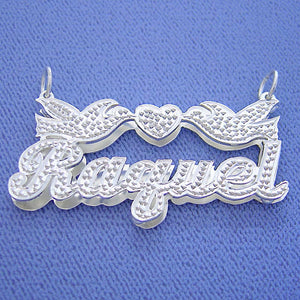 3D sterling silver custom name pendant spelling "Raquel" in cursive with two love birds and a heart with diamond-cut accents.