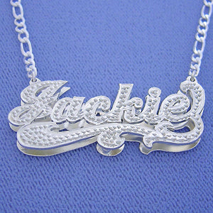 Personalized sterling silver 3D double plate "Jackie" nameplate necklace featuring diamond accents, shown with an attached silver Figaro chain.