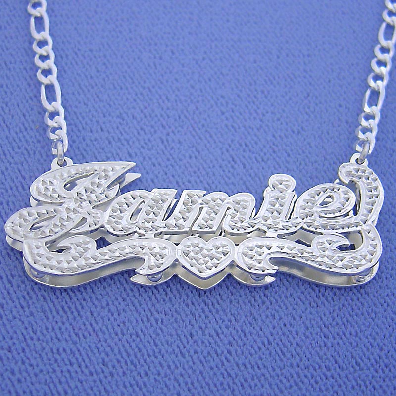 Sterling Silver Double Plates Personalized 3D Name Pendant Charm Heaert