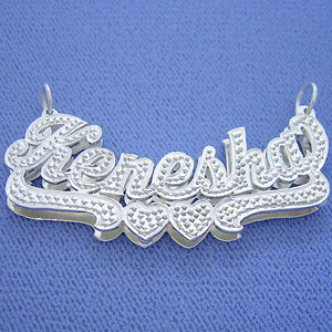 Custom 2-inch sterling silver 3D double-plated name pendant with diamond accents featuring the name "Kenesha".