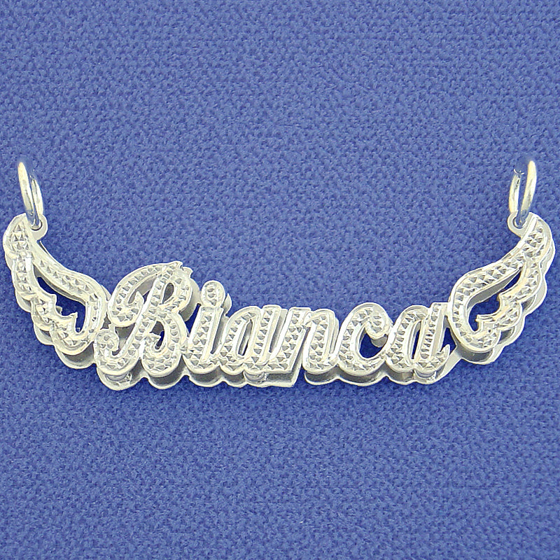 Silver Personalized Double Plate Name Pendant Diamond Accent Angel&#39;s Wings Charm Jewelry