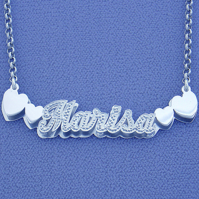 Silver Personalized Double Plate Name Pendant Diamond Accent Charm Hearts Jewelry.