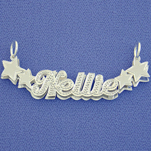 Custom 3D double-plate sterling silver nameplate necklace spelling "Kellie" featuring diamond-accented script, rhodium polish, and star charm details on both ends.
