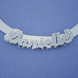 Silver 3D Script Cursive Name Necklace Slider &amp; 7mm Herringbone SND92