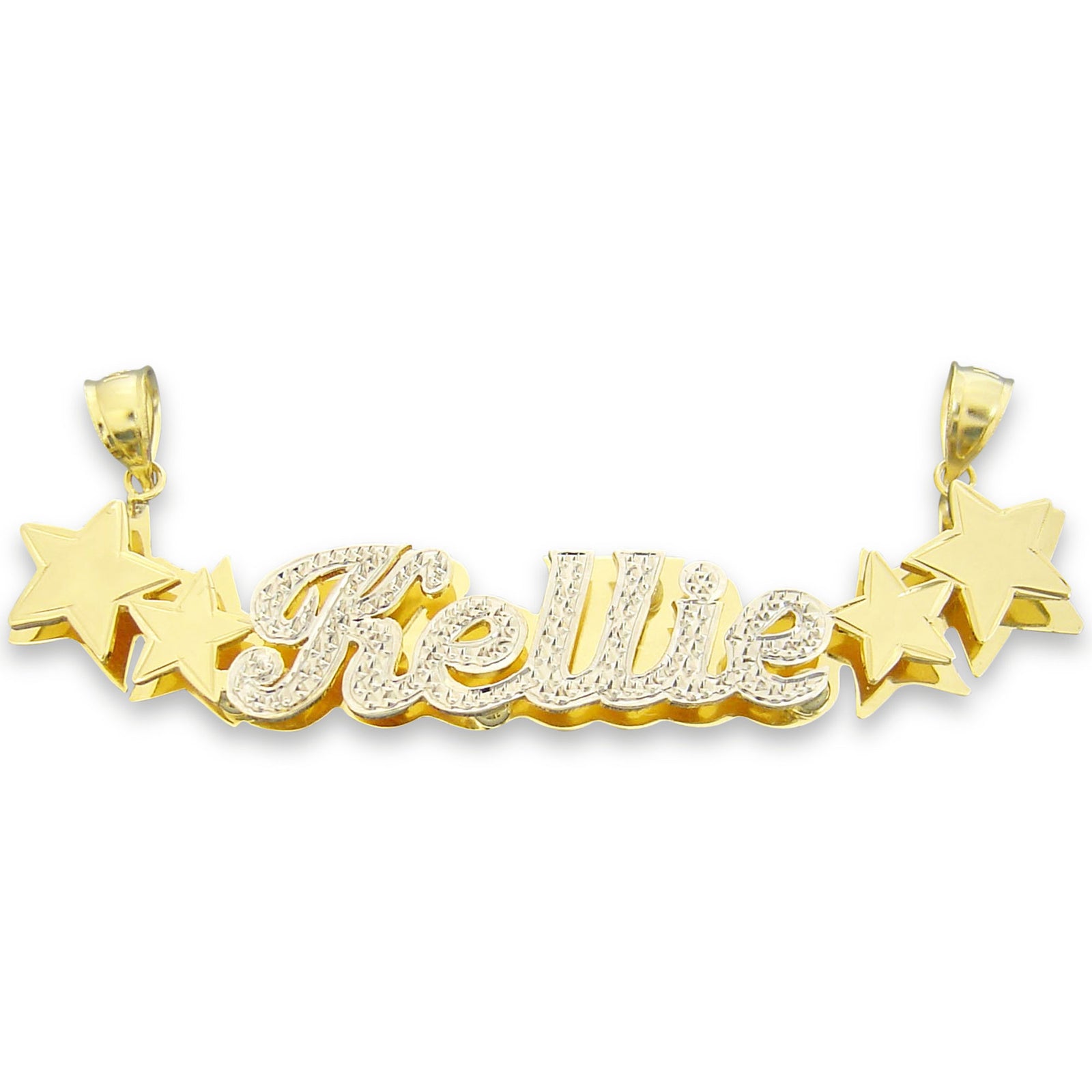 Handcrafted 10k solid gold 3D double plate personalized name pendant featuring Kellie in cursive script with star charms and diamond accents.