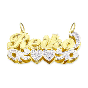Custom 14K gold 3D double plate nameplate necklace featuring diamond accents and cursive script name Keiko.