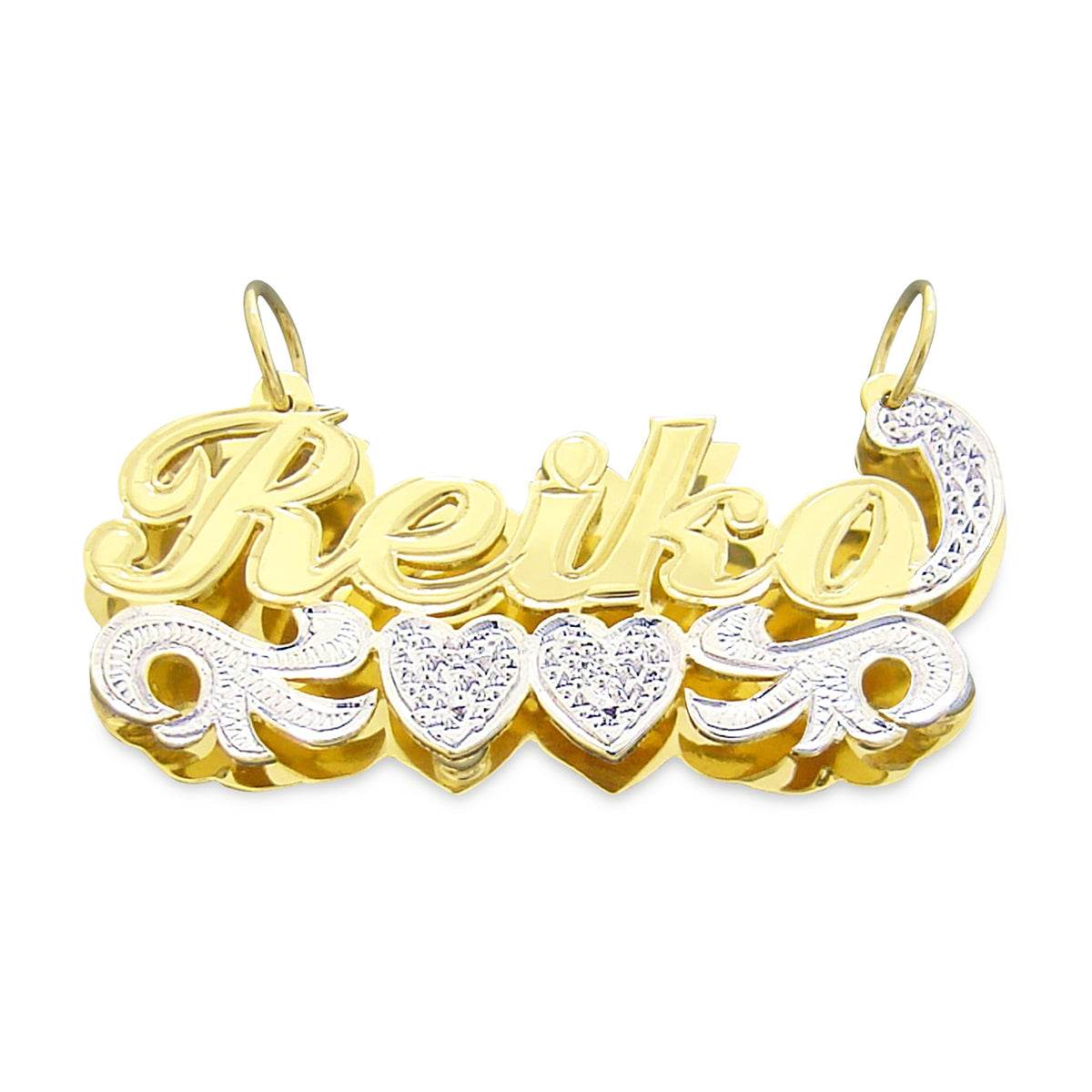 Custom 14K gold 3D double plate nameplate necklace featuring diamond accents and cursive script name Keiko.