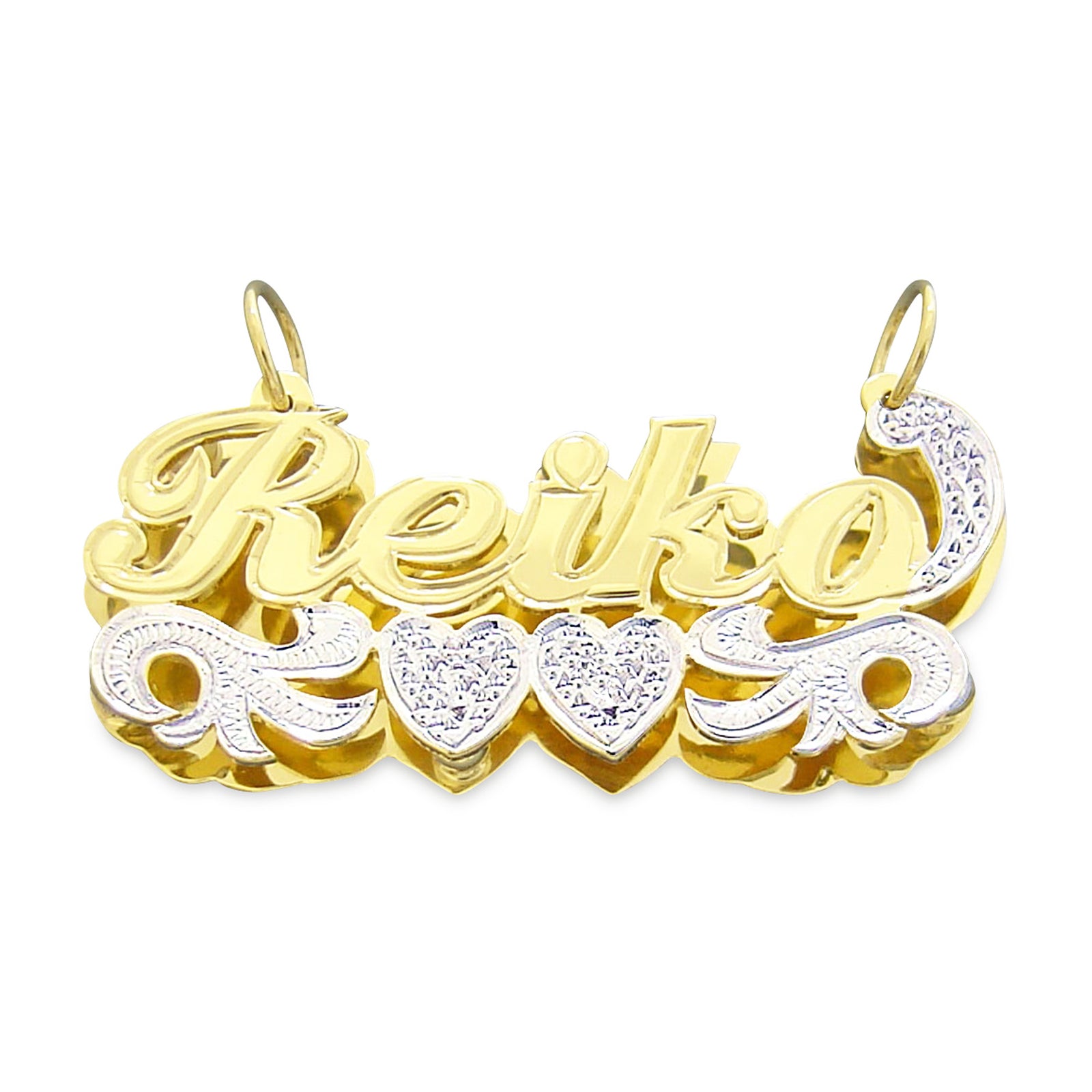 Custom 14K gold 3D double plate nameplate necklace featuring diamond accents and cursive script name Keiko.