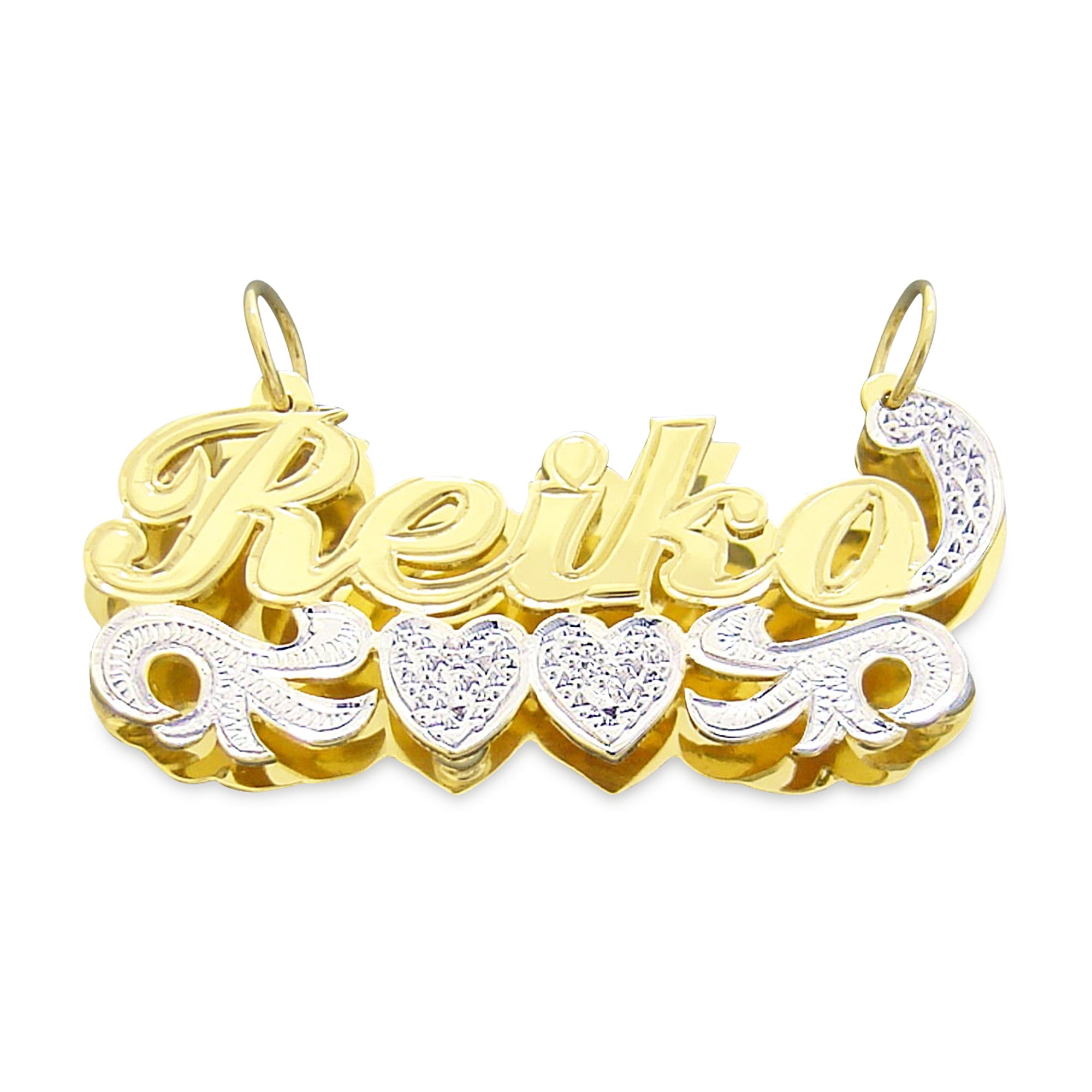 Custom 14K gold 3D double plate nameplate necklace featuring diamond accents and cursive script name Keiko.