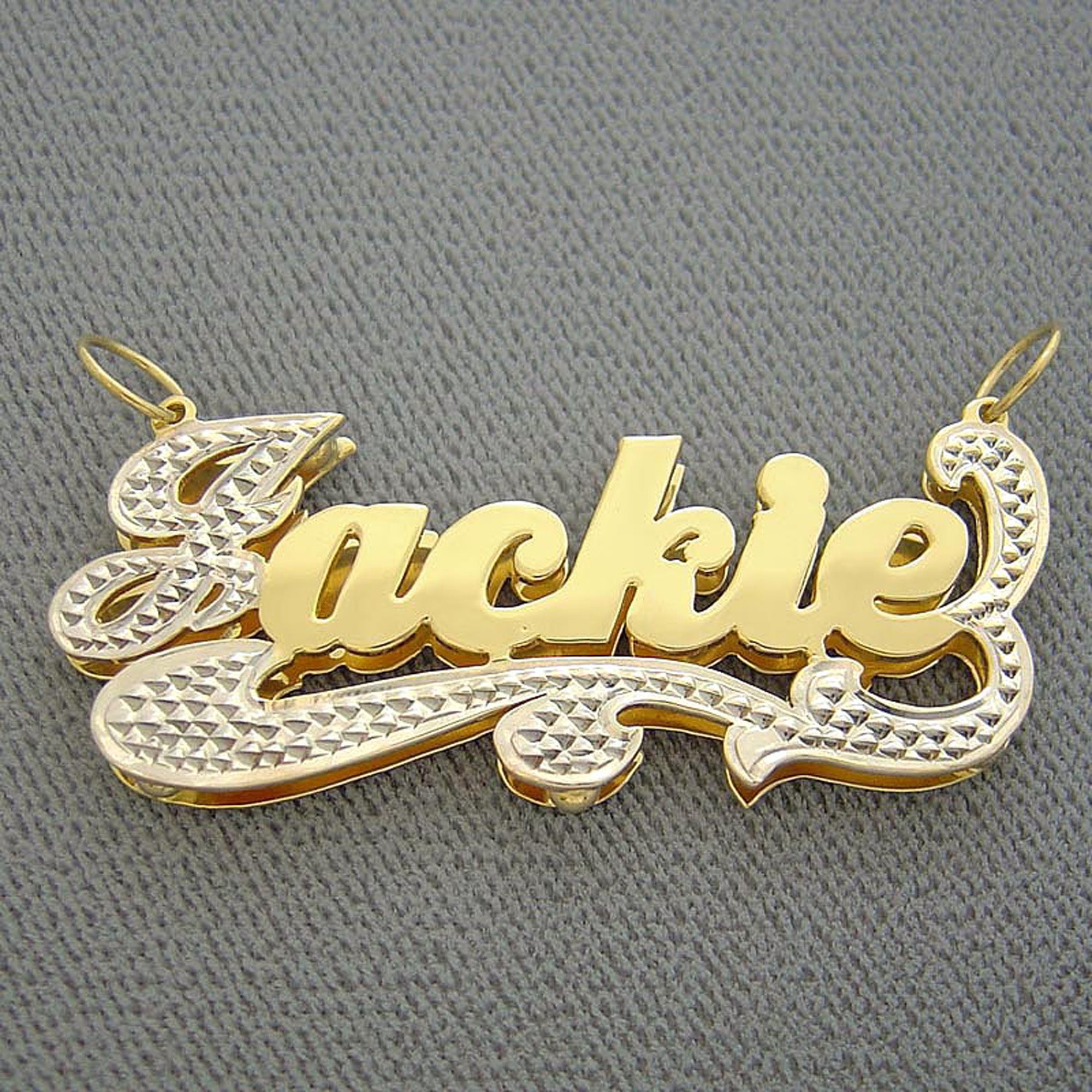 Solid 14K yellow gold 3D double plate personalized nameplate necklace with diamond-cut accents.