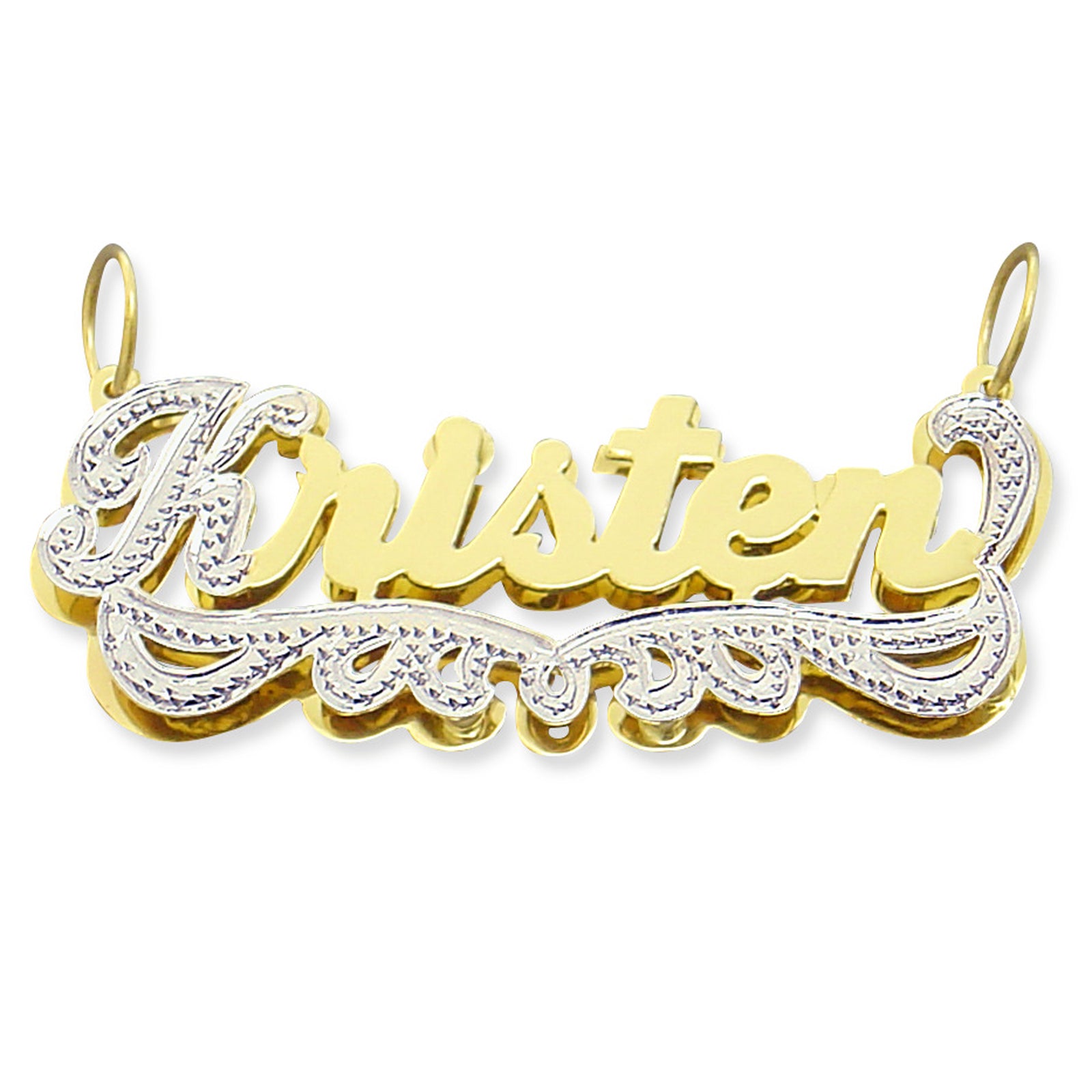 Personalized 2-tone double plate solid gold name pendant spelling "Kristen" with white rhodium diamond-cut accents.