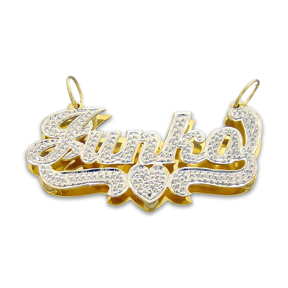 Custom 3D double plate solid gold name pendant ND34 with hand-carved diamond cut rhodium finish