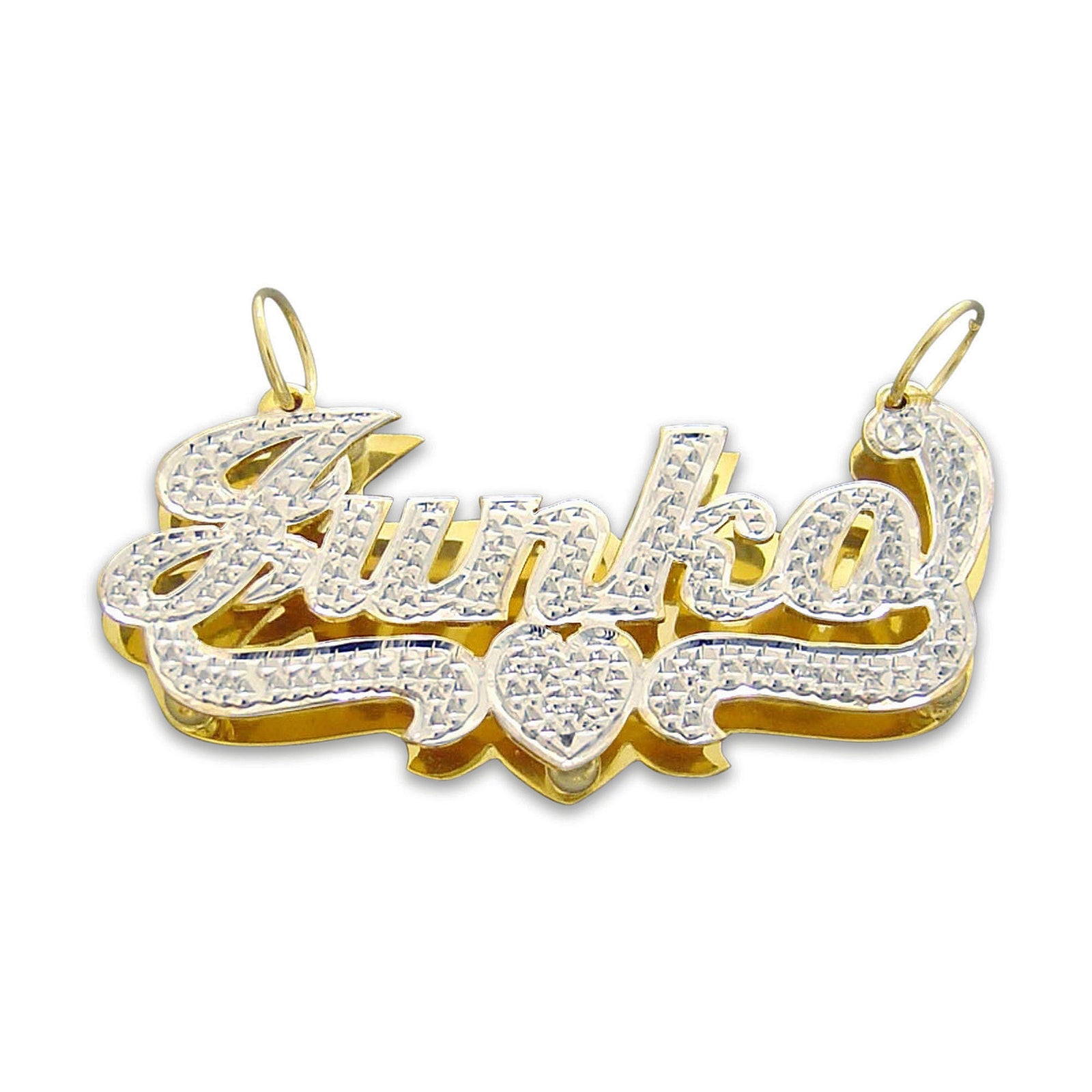 Custom 3D double plate solid gold name pendant ND34 with hand-carved diamond cut rhodium finish