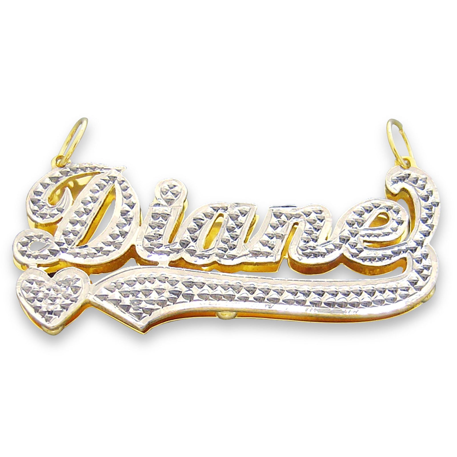 Custom 3D double plate name pendant in solid yellow gold with diamond accents featuring the name Diane.
