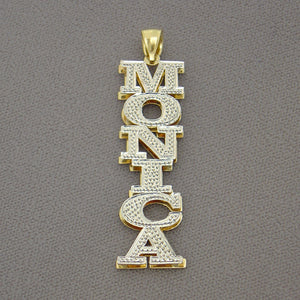 Back view of custom 3D double plate vertical gold name pendant showing official gold hallmarks