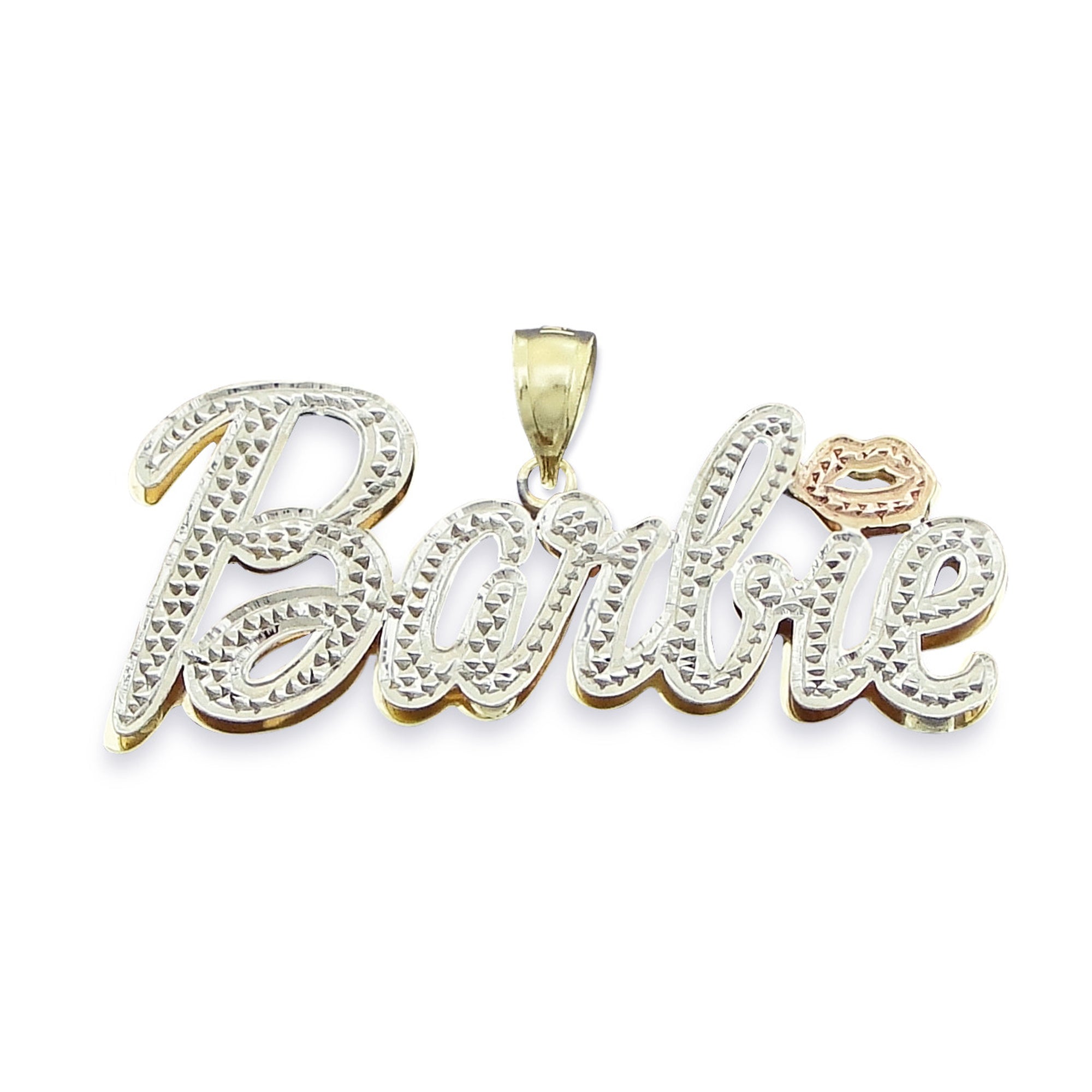 Custom 3D double-plate 10k solid gold Barbie name pendant with white-tone diamond accents.