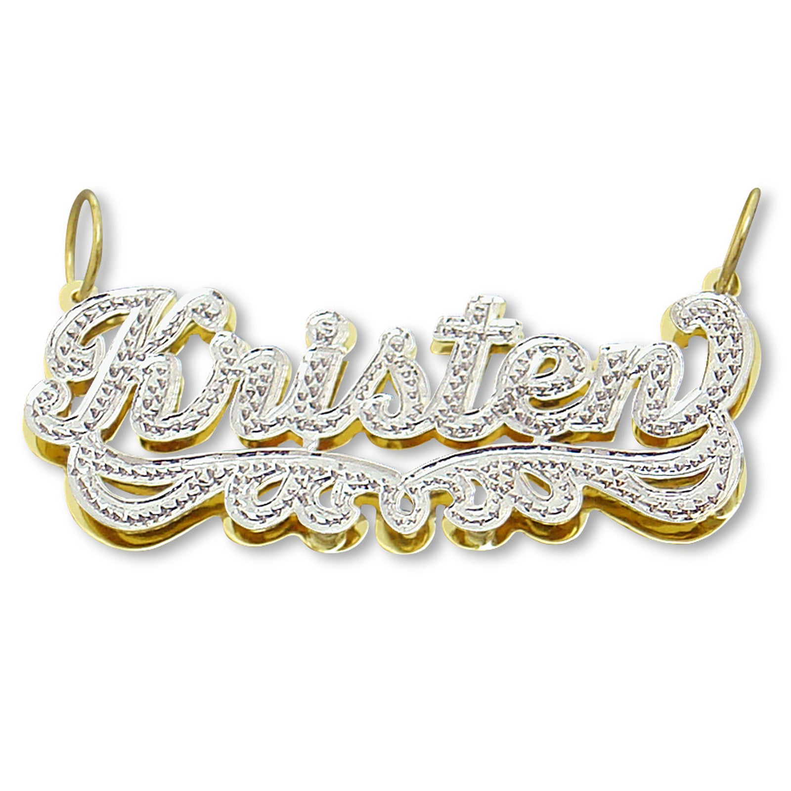 Custom 3D double plate solid gold iced out name pendant in Kristen script font with rhodium accents.