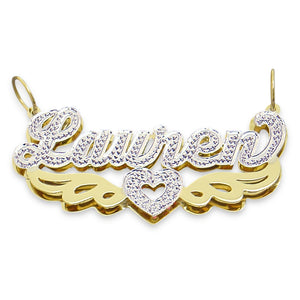 Custom 3D double plate solid gold nameplate pendant with angel wings and heart charm reading Lauren.