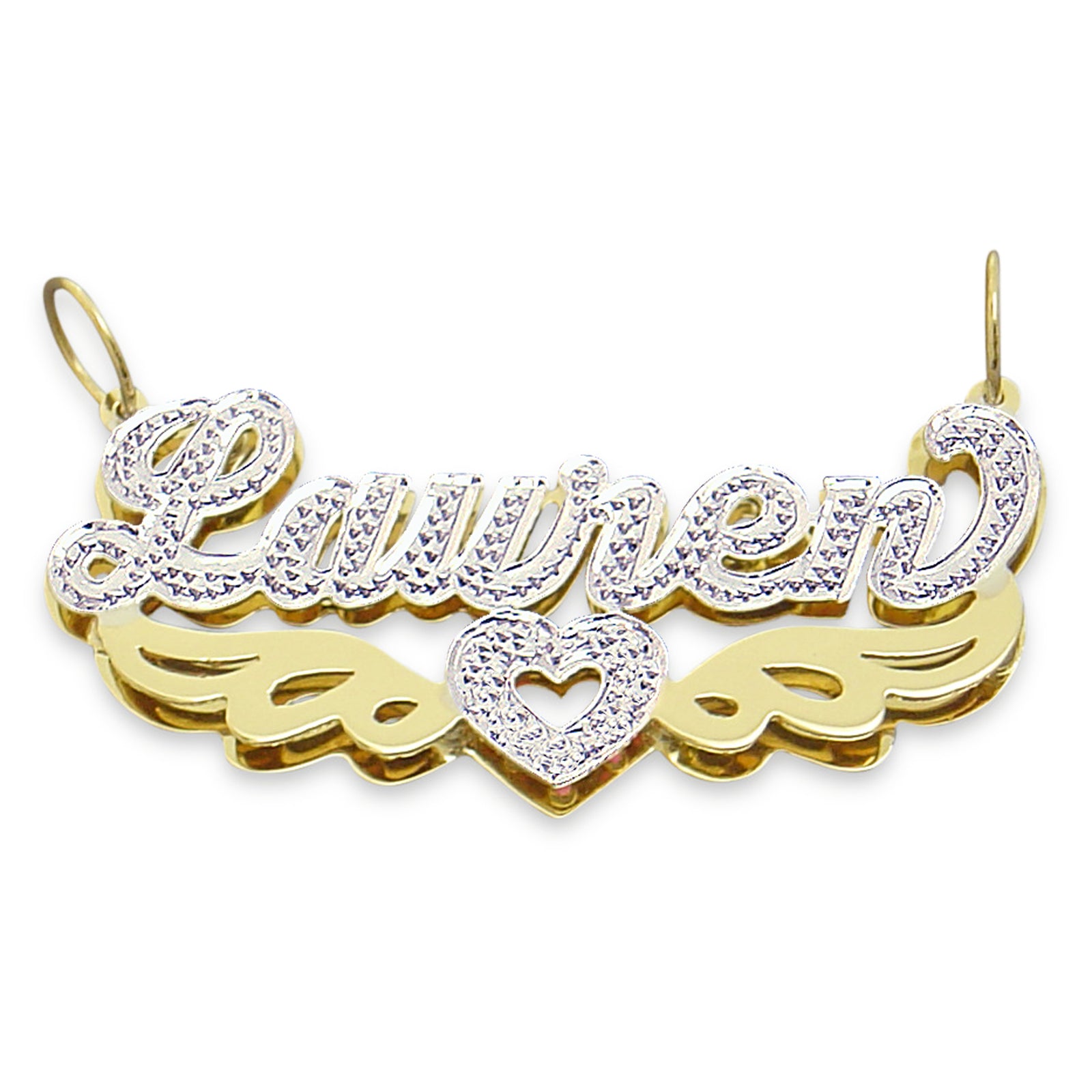 Custom 3D double plate solid gold nameplate pendant with angel wings and heart charm reading Lauren.