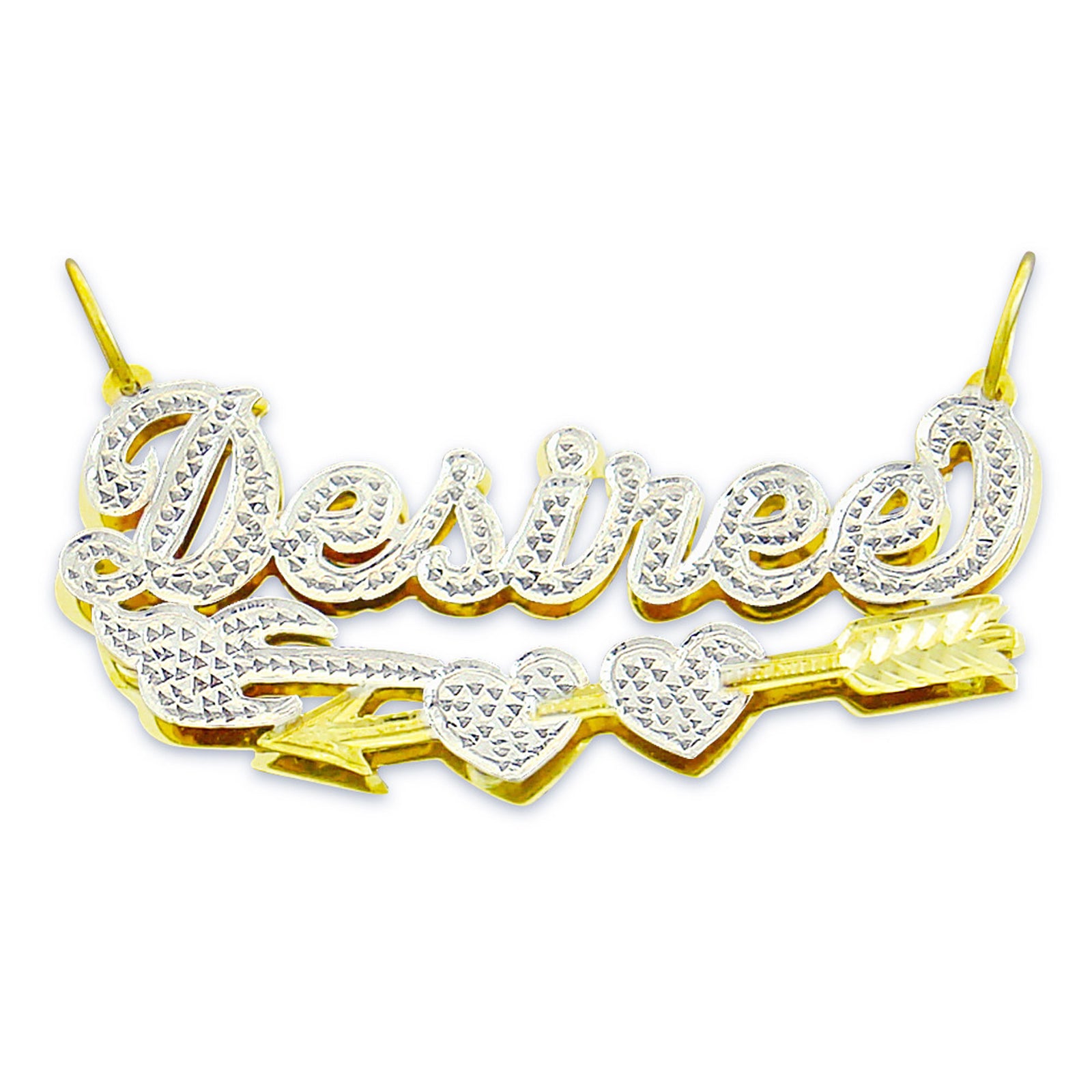 Custom double-plated 3D solid gold Cupid arrow name pendant with diamond-accented hearts.