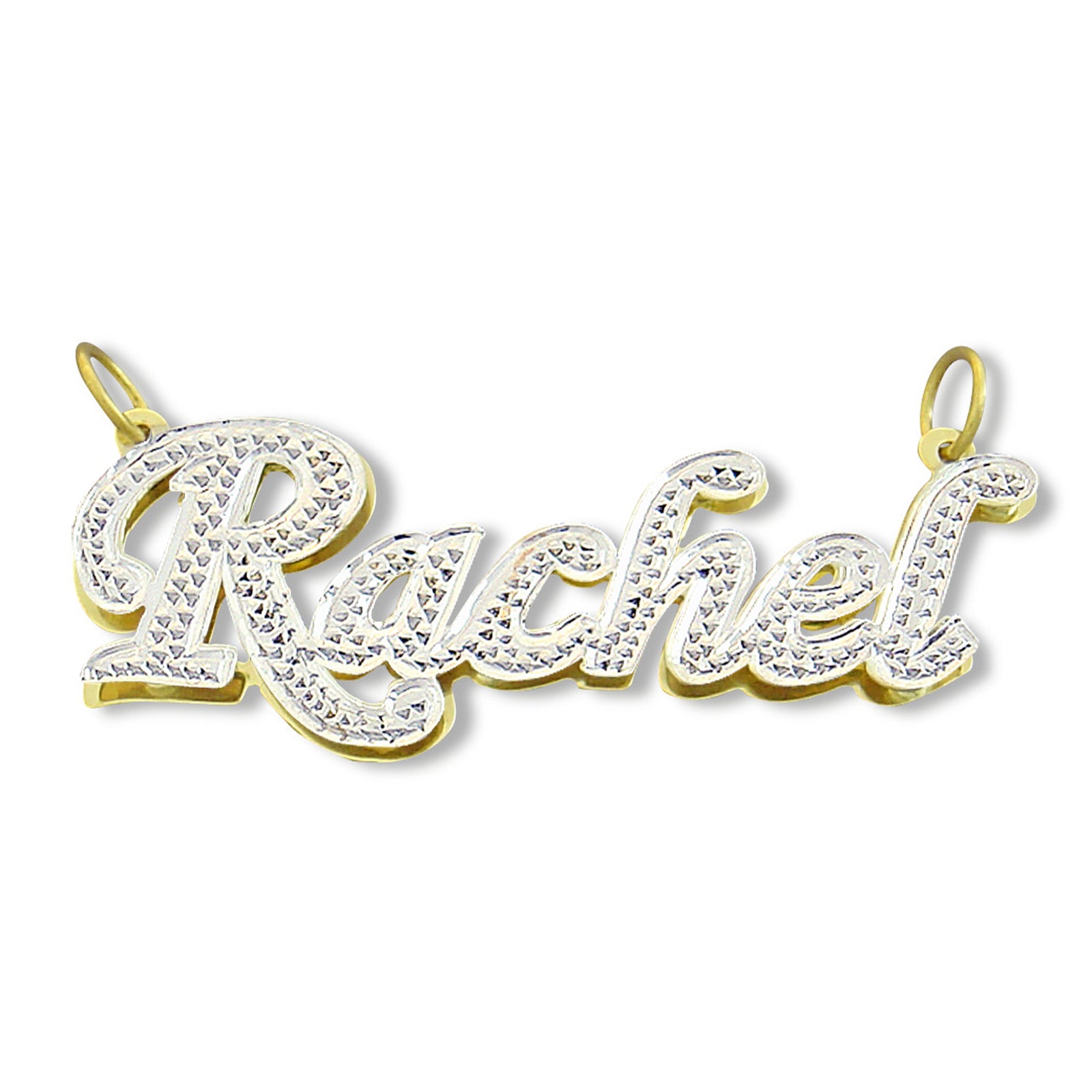 Custom 10K or 14K solid gold 3D double plate name pendant with white rhodium two-tone finish spelling the name Rachel.