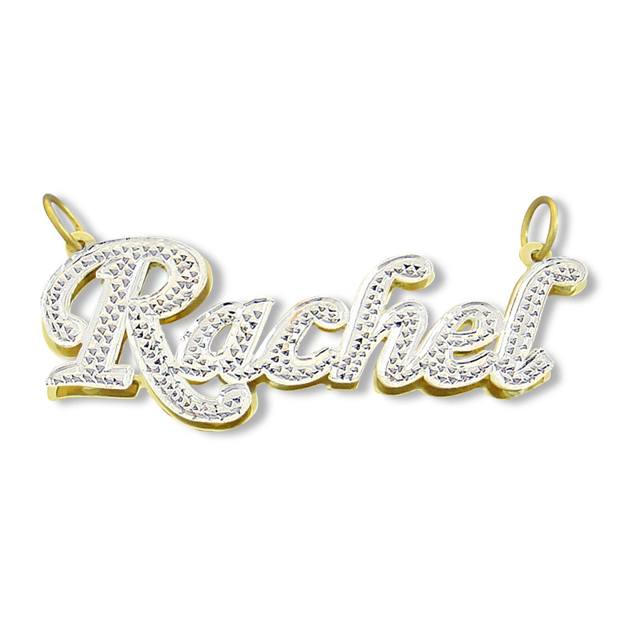 Custom 10K or 14K solid gold 3D double plate name pendant with white rhodium two-tone finish spelling the name Rachel.