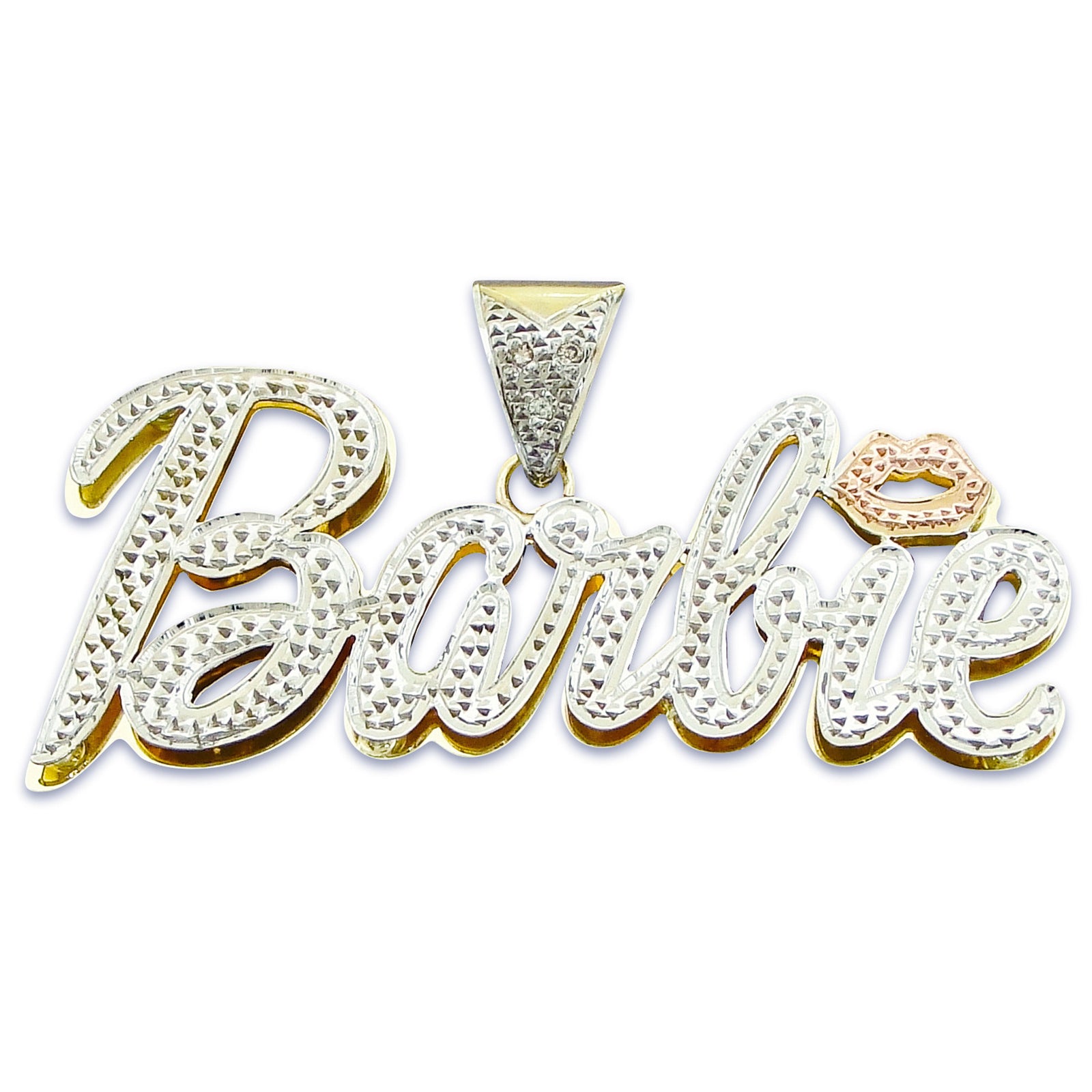 Solid 10K or 14K yellow gold 3D Barbie nameplate pendant featuring diamond-cut accents, two-tone rhodium plating, and a pink lip accent.